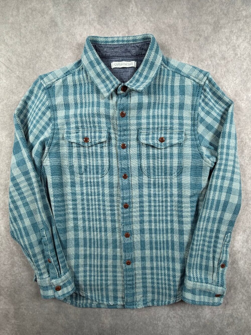 Outerknown Mens Medium Blanket Shirt Organic Cotton Blue Plaid Adriatic Lucent